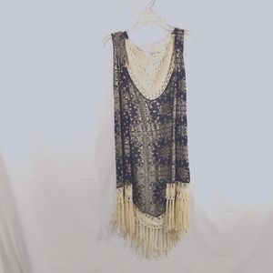 FASHION U Boho vest shawl, M, navy/white, fringed